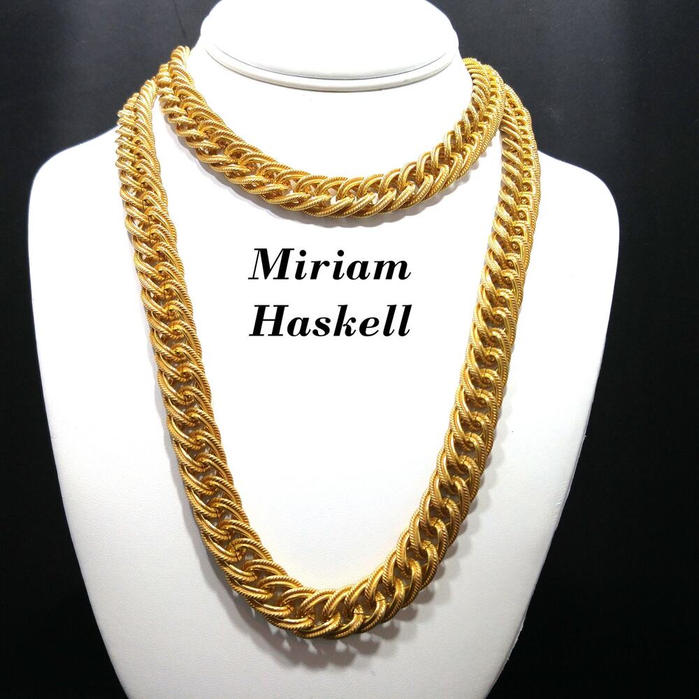 Miriam Haskell 1950s Gold Link Necklace 57in Signed Long Chain